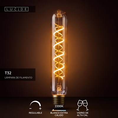 Lucide T32 - Lámpara de filamento - Ø 3,2 cm - LED Regul. - E27 - 1x4,9W 2200K - Ámbar